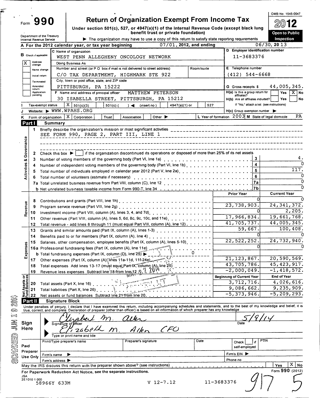 Image of first page of 2012 Form 990 for West Penn Allegheny Oncology Network