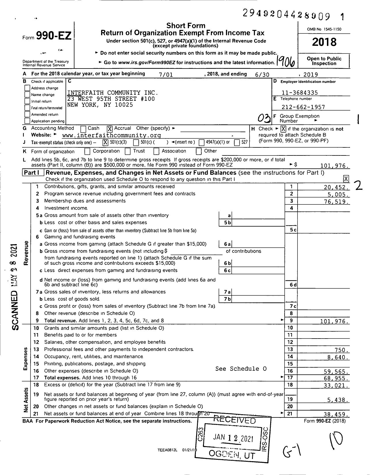 Image of first page of 2018 Form 990EZ for Interfaith Community