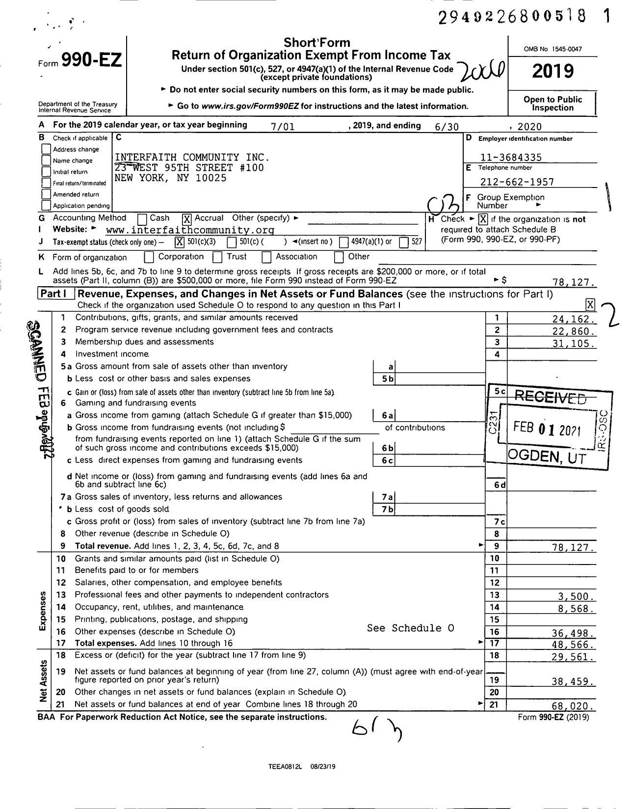 Image of first page of 2019 Form 990EZ for Interfaith Community