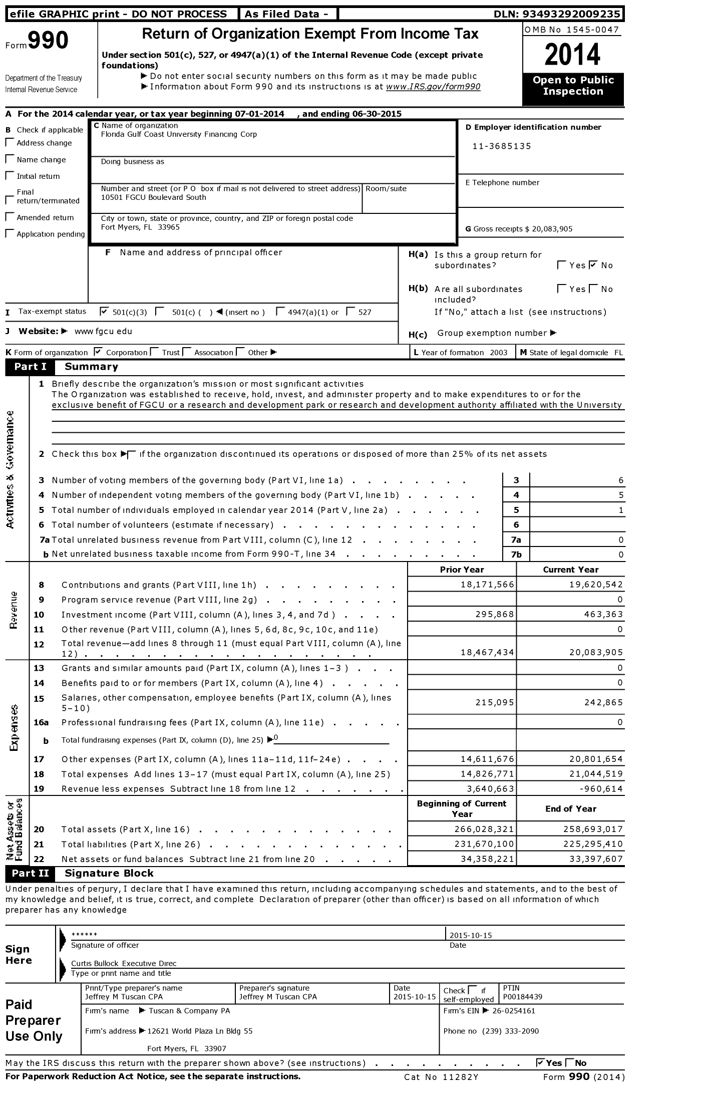 Image of first page of 2014 Form 990 for Florida Gulf Coast University Financing Corporation