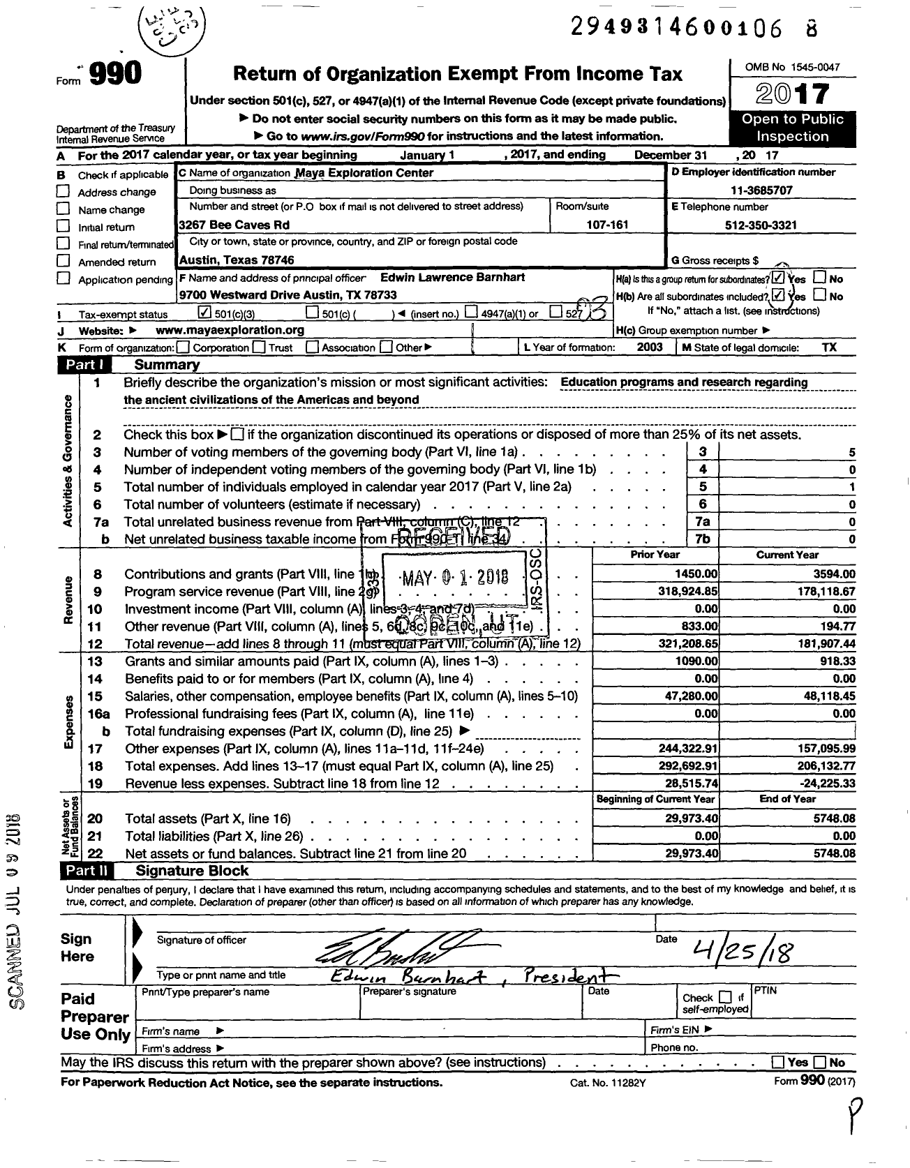 Image of first page of 2017 Form 990 for Maya Exploration Center