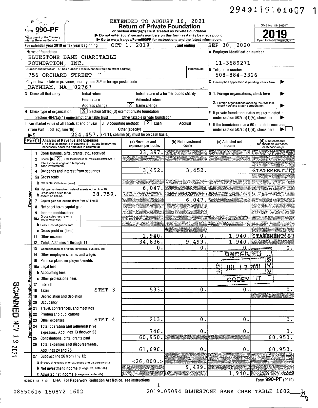 Image of first page of 2019 Form 990PF for Bluestone Bank Charitable Foundation