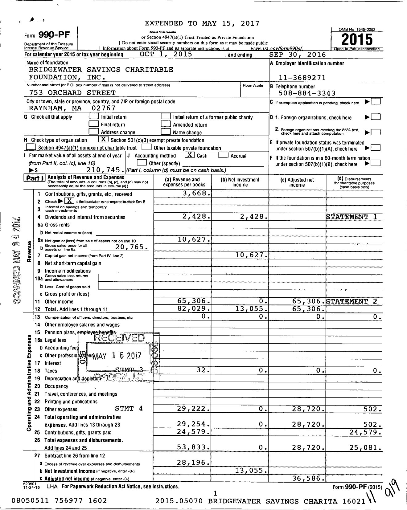 Image of first page of 2015 Form 990PF for Bluestone Bank Charitable Foundation