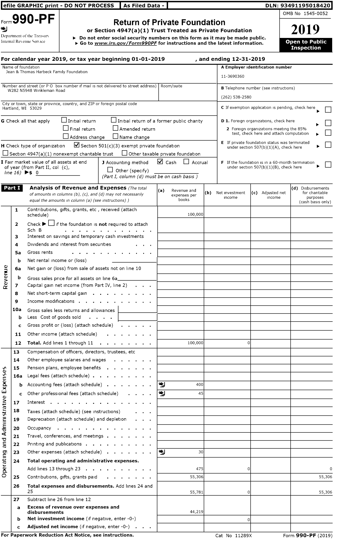 Image of first page of 2019 Form 990PR for Jean and Thomas Harbeck Family Foundation