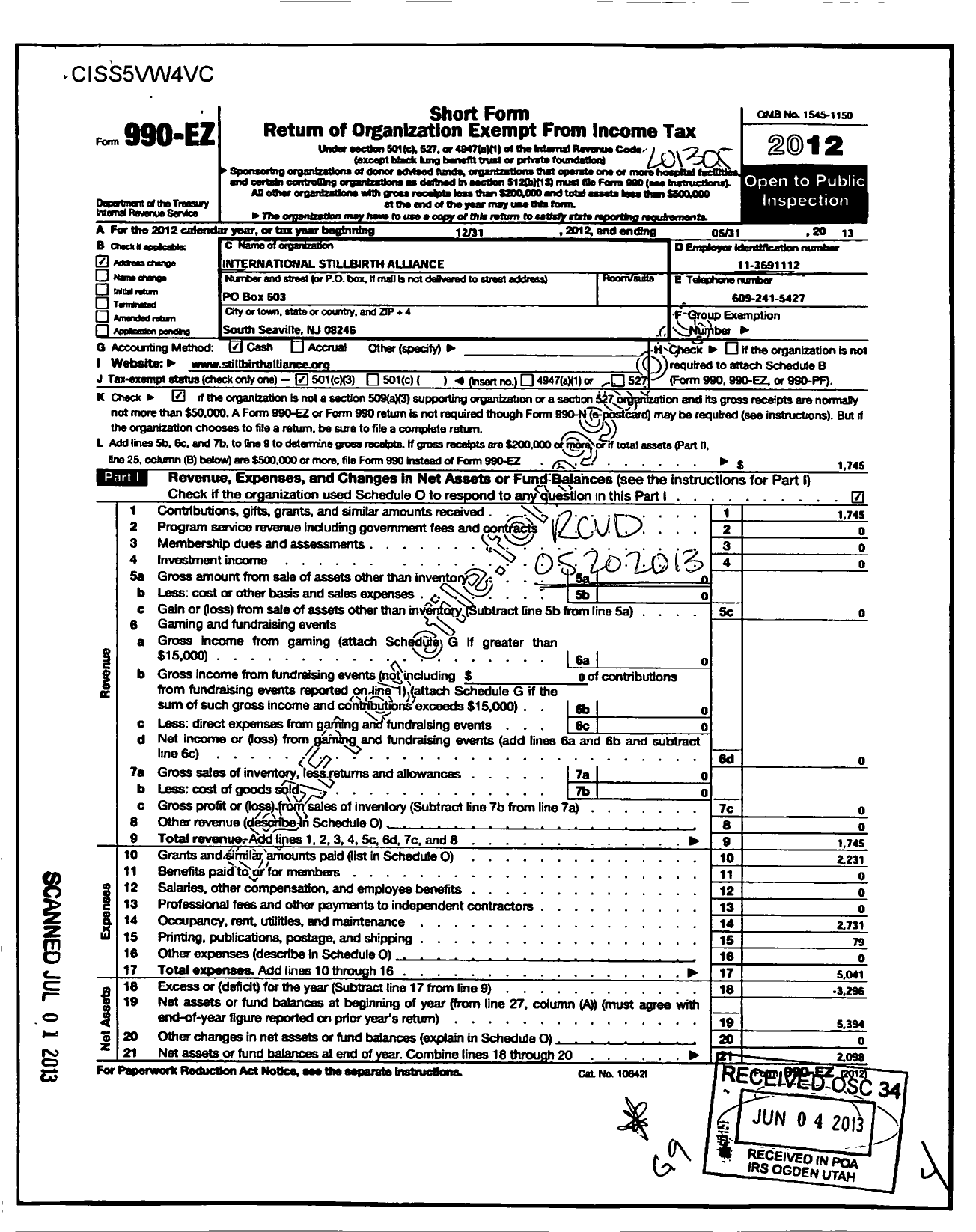 Image of first page of 2012 Form 990EZ for International Stillbirth Alliance NFP