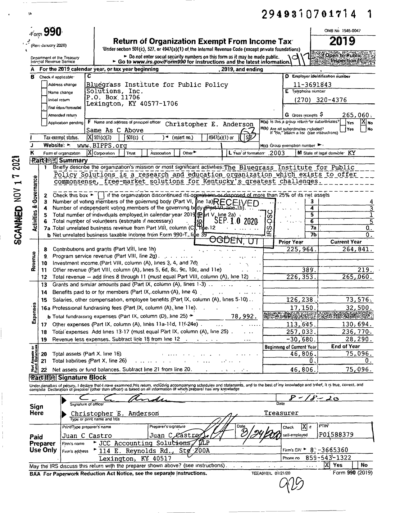 Image of first page of 2019 Form 990 for Bluegrass Institute for Public Policy Solutions