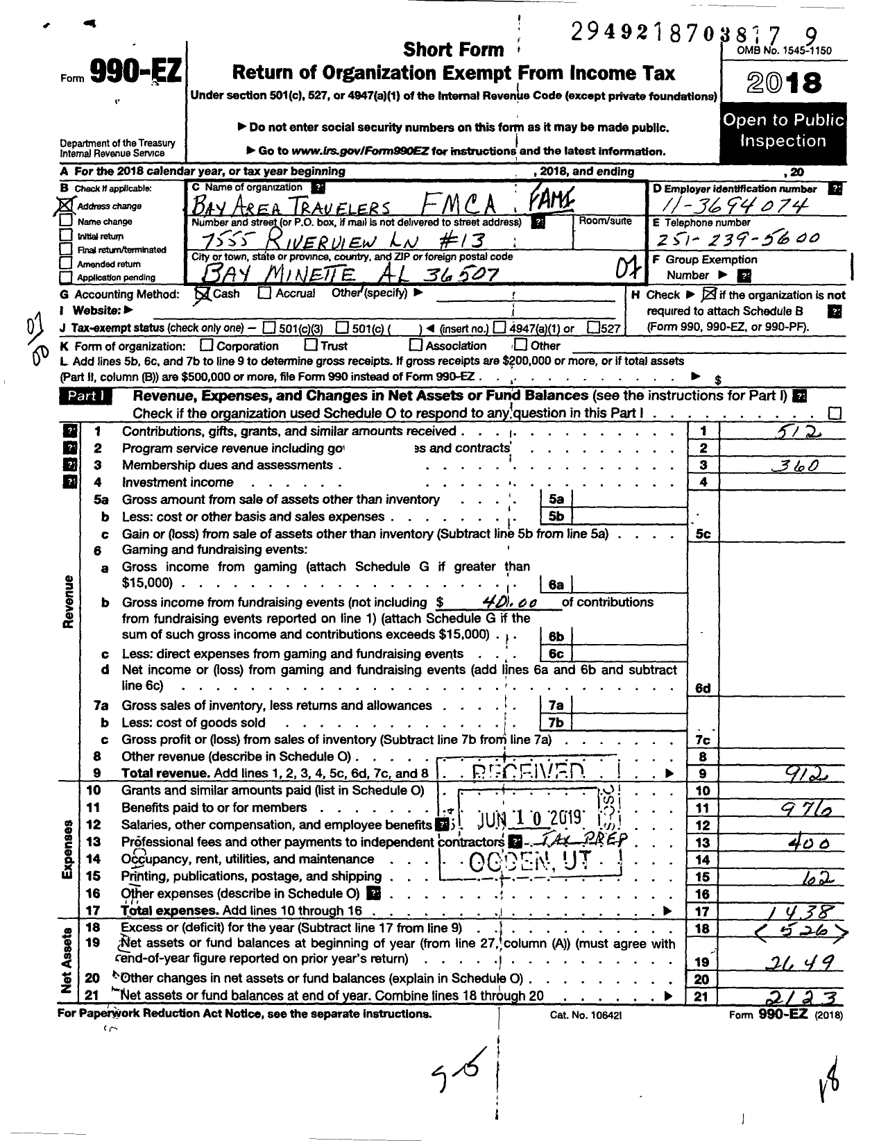 Image of first page of 2018 Form 990EO for Family Motor Coach Association / Bay Area Travelers