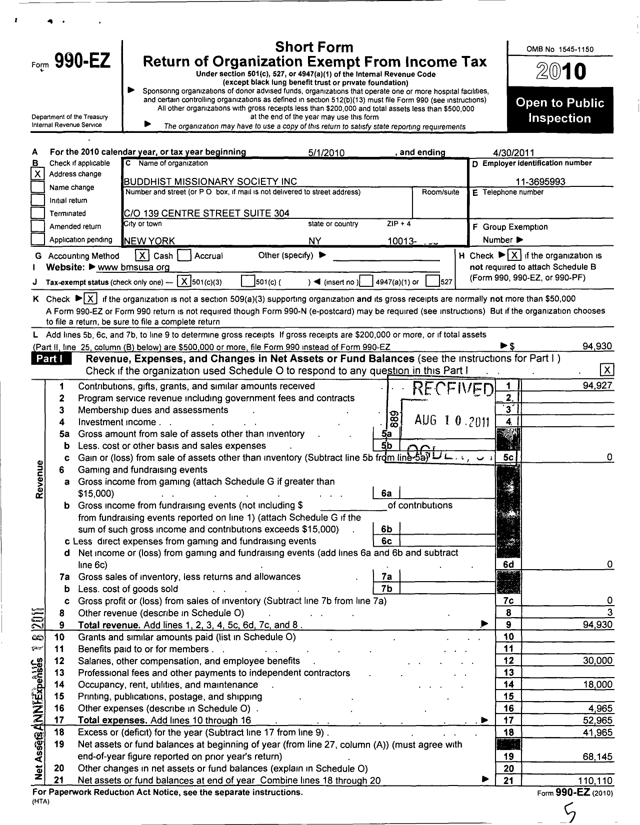 Image of first page of 2010 Form 990EZ for Buddhist Missionary Society