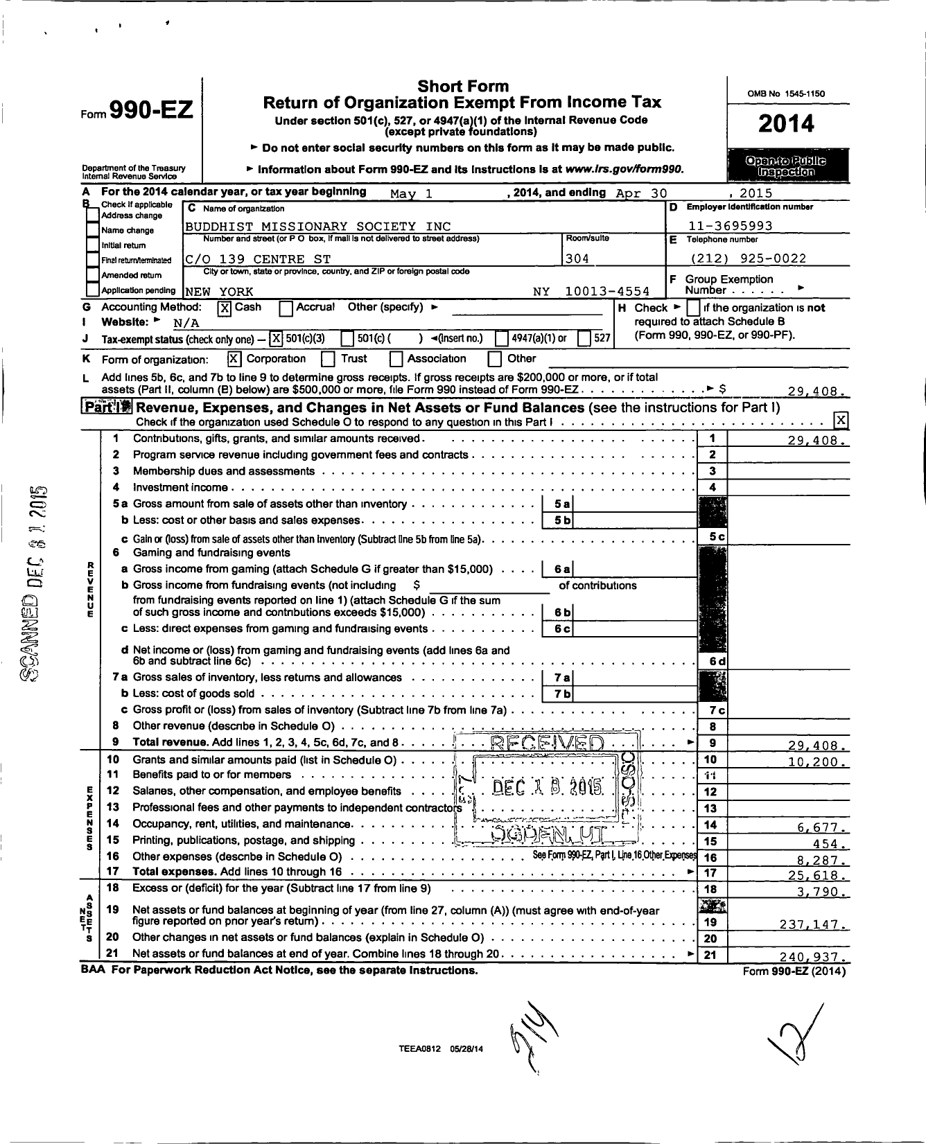 Image of first page of 2014 Form 990EZ for Buddhist Missionary Society