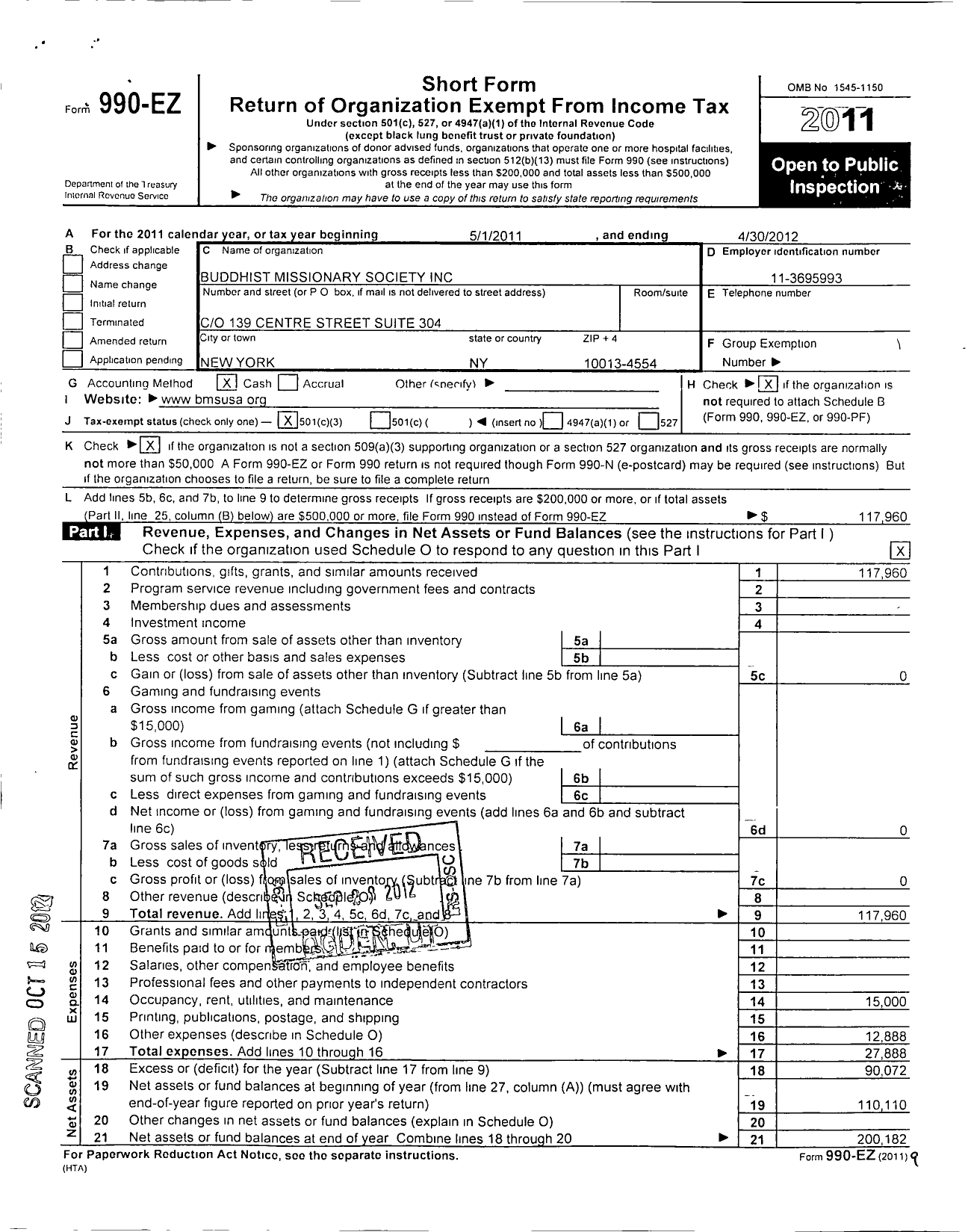 Image of first page of 2011 Form 990EZ for Buddhist Missionary Society