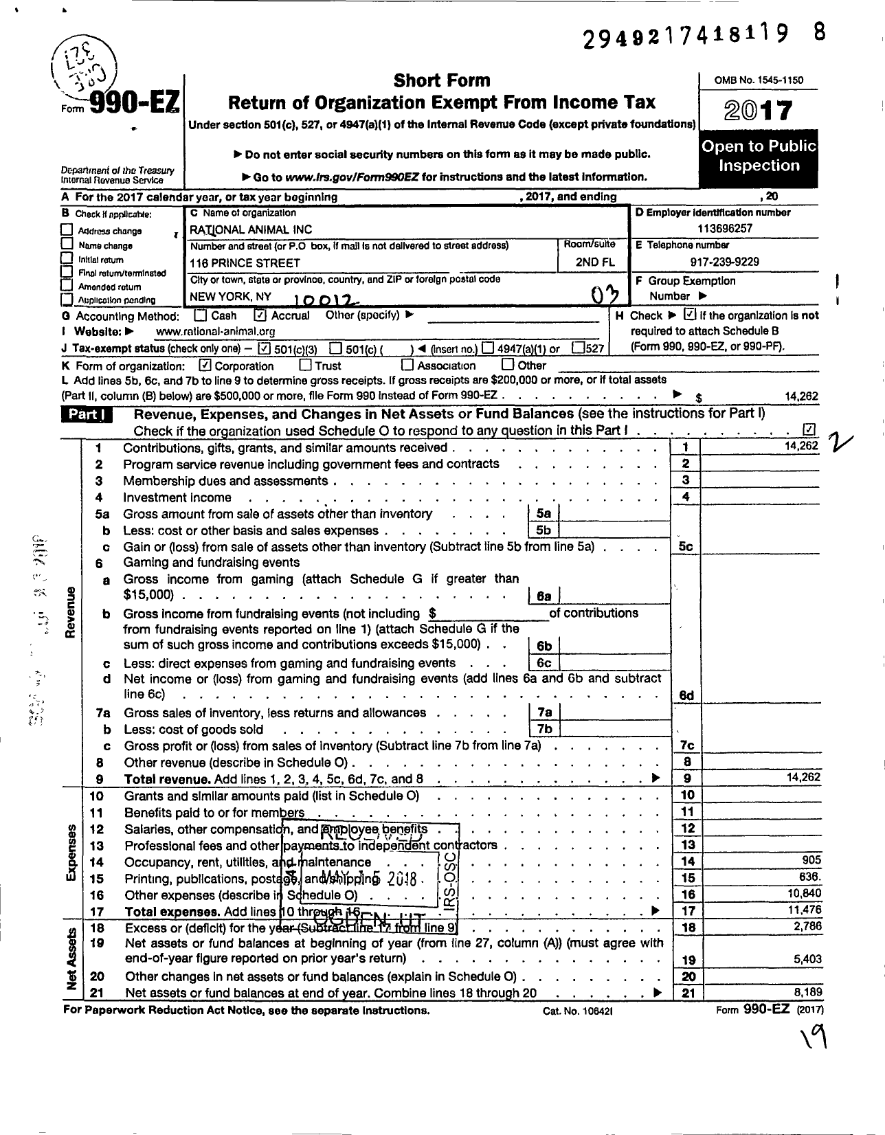 Image of first page of 2017 Form 990EZ for Rational Animal