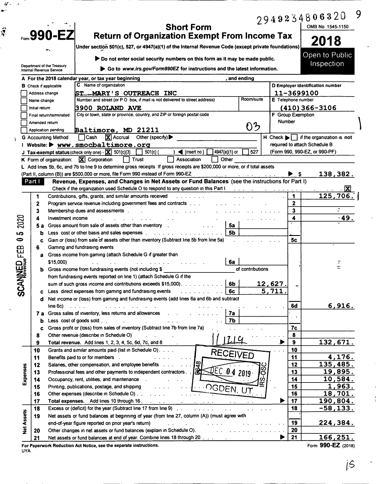 Image of first page of 2018 Form 990EZ for St Mary's Outreach