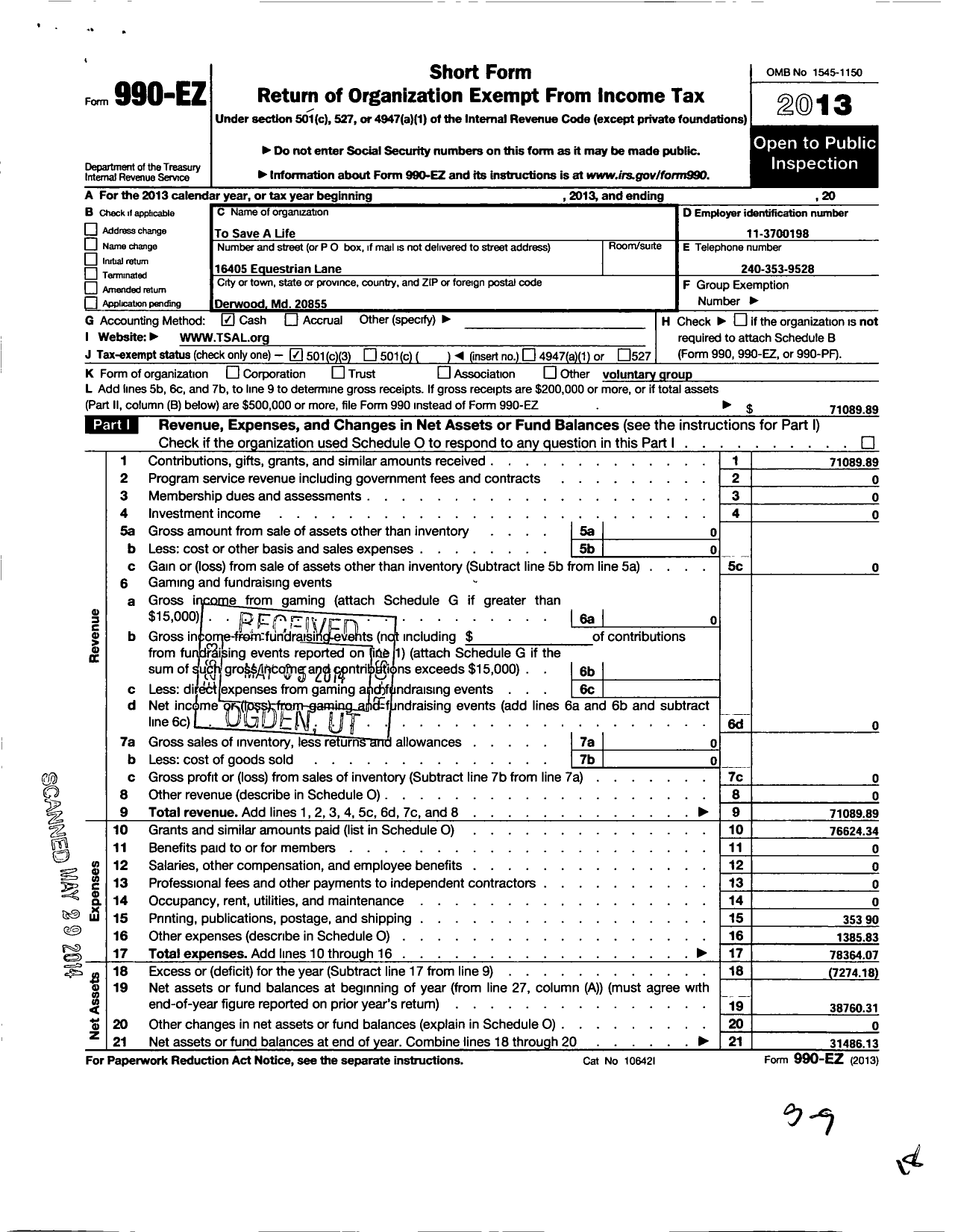 Image of first page of 2013 Form 990EZ for To Save A Life Foundation