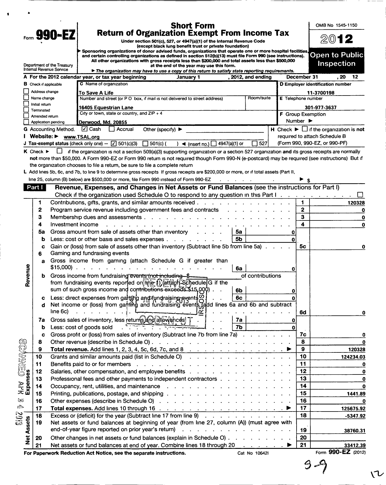 Image of first page of 2012 Form 990EZ for To Save A Life Foundation