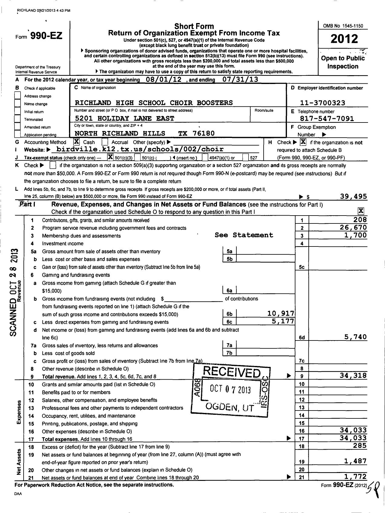 Image of first page of 2012 Form 990EZ for Richland High School Choir Booster Club