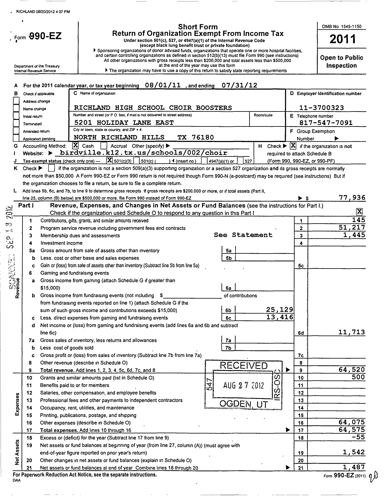 Image of first page of 2011 Form 990EZ for Richland High School Choir Booster Club