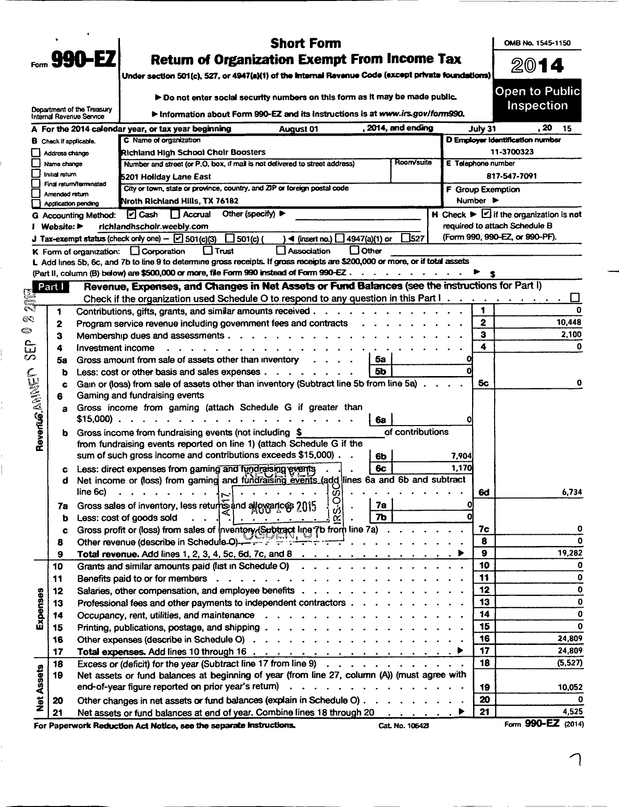 Image of first page of 2014 Form 990EZ for Richland High School Choir Booster Club