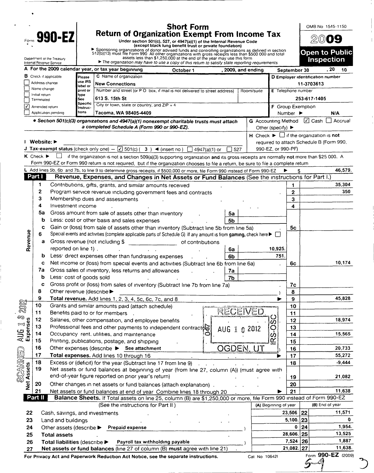 Image of first page of 2009 Form 990EZ for New Connections