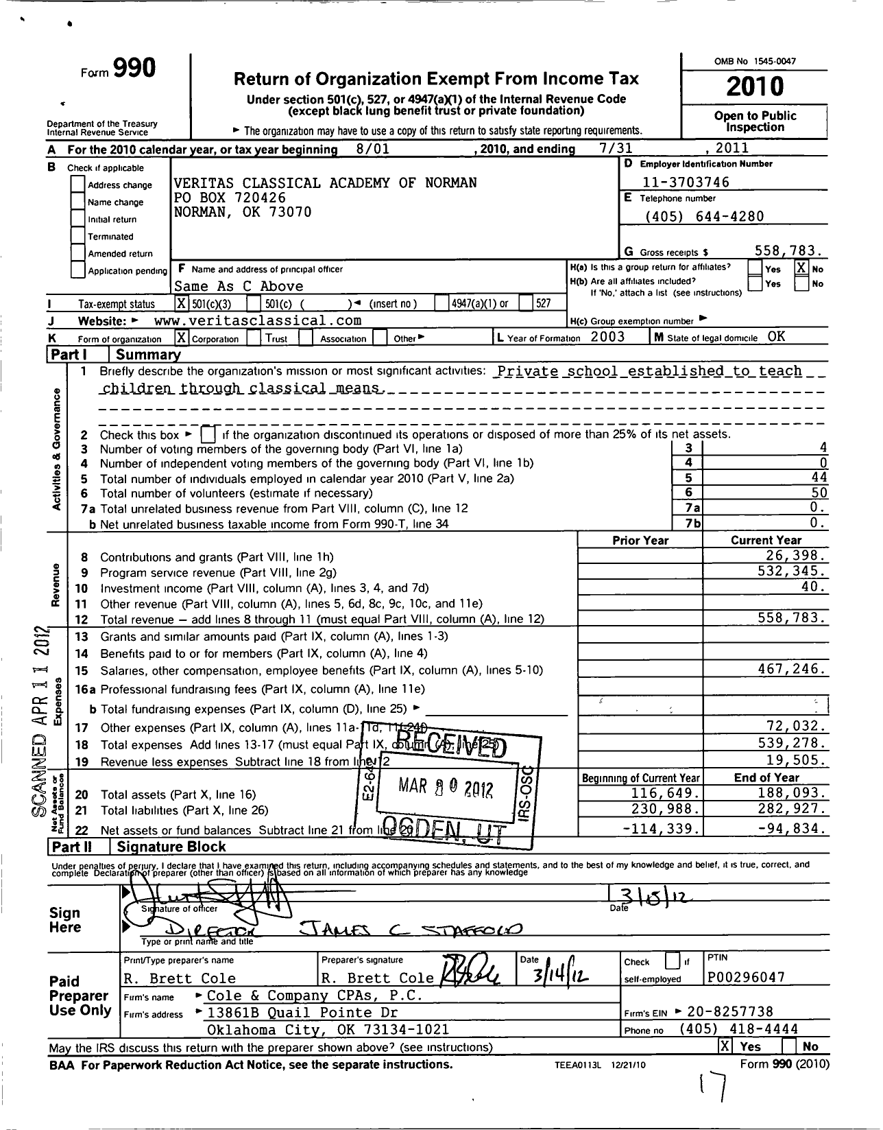 Image of first page of 2010 Form 990 for Veritas Classical Academy of Norman