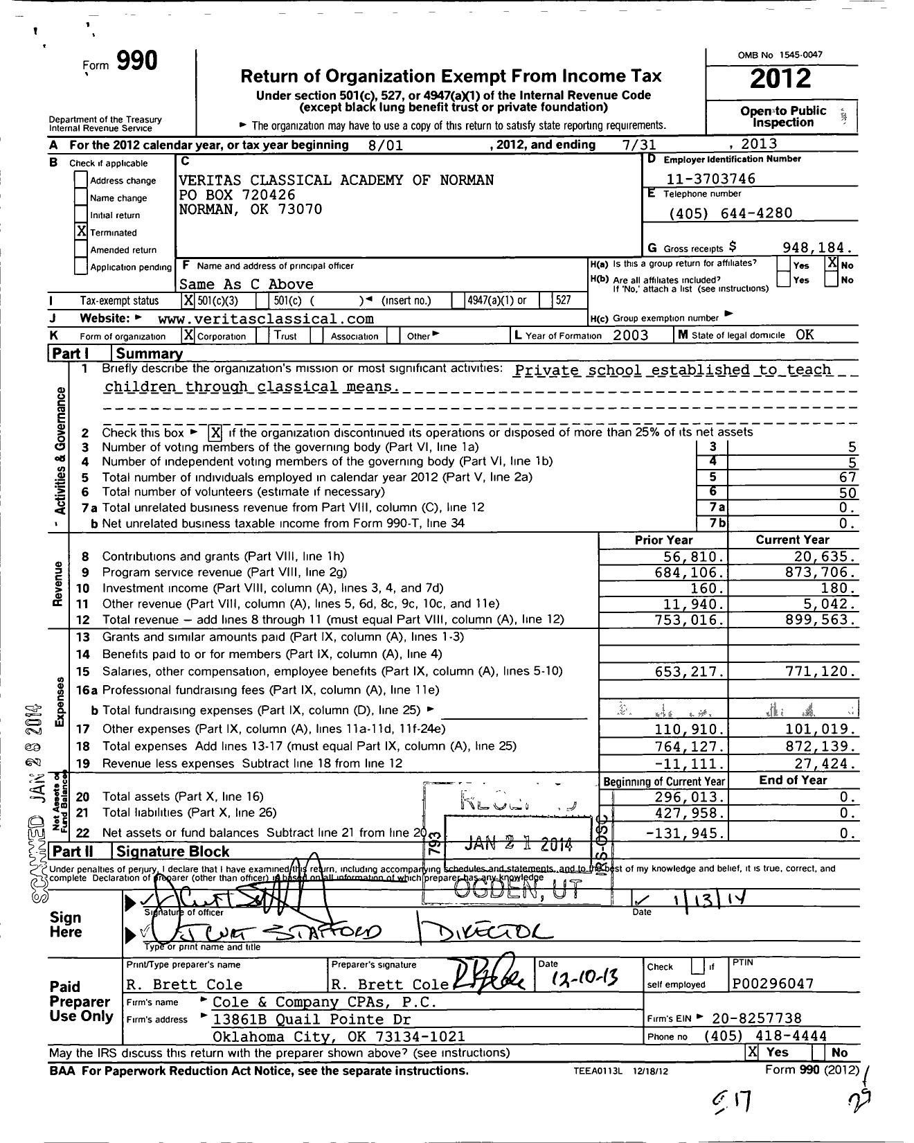 Image of first page of 2012 Form 990 for Veritas Classical Academy of Norman