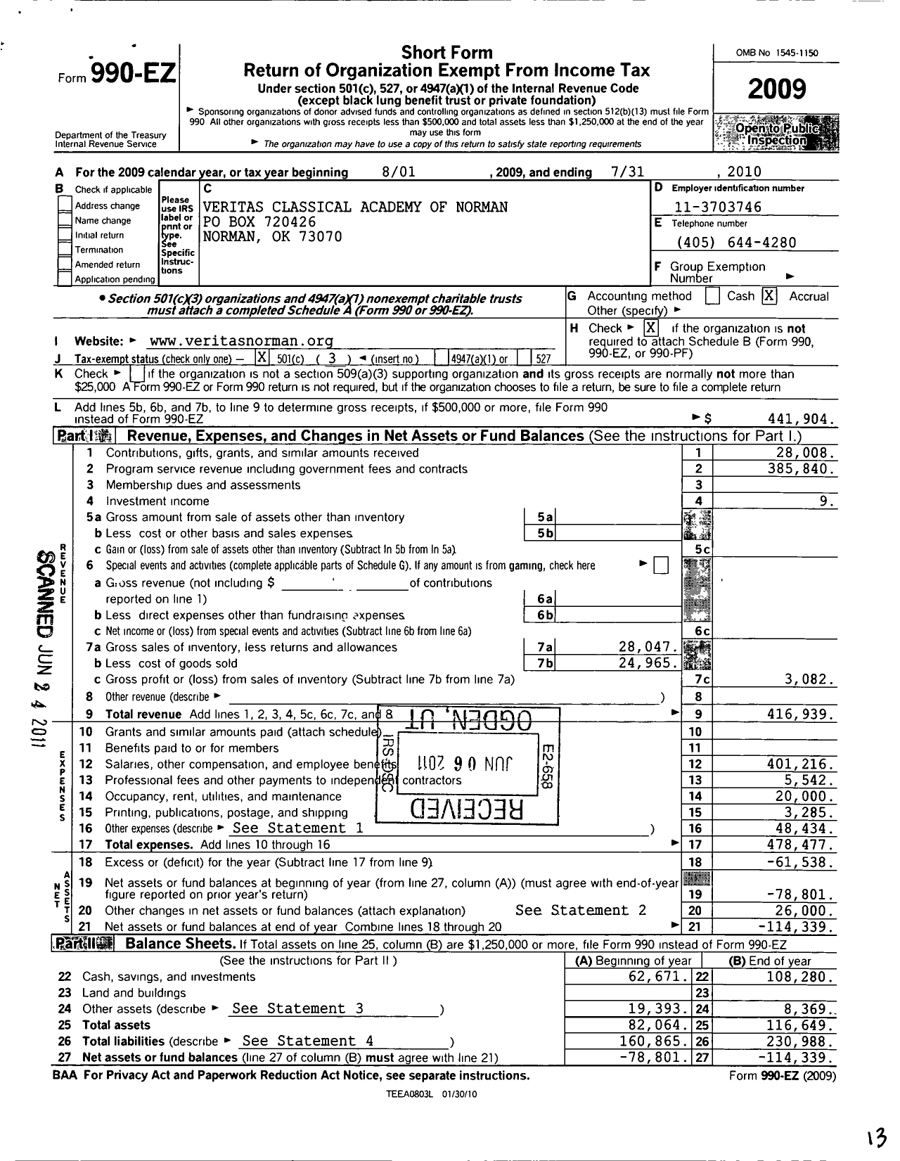 Image of first page of 2009 Form 990EZ for Veritas Classical Academy of Norman