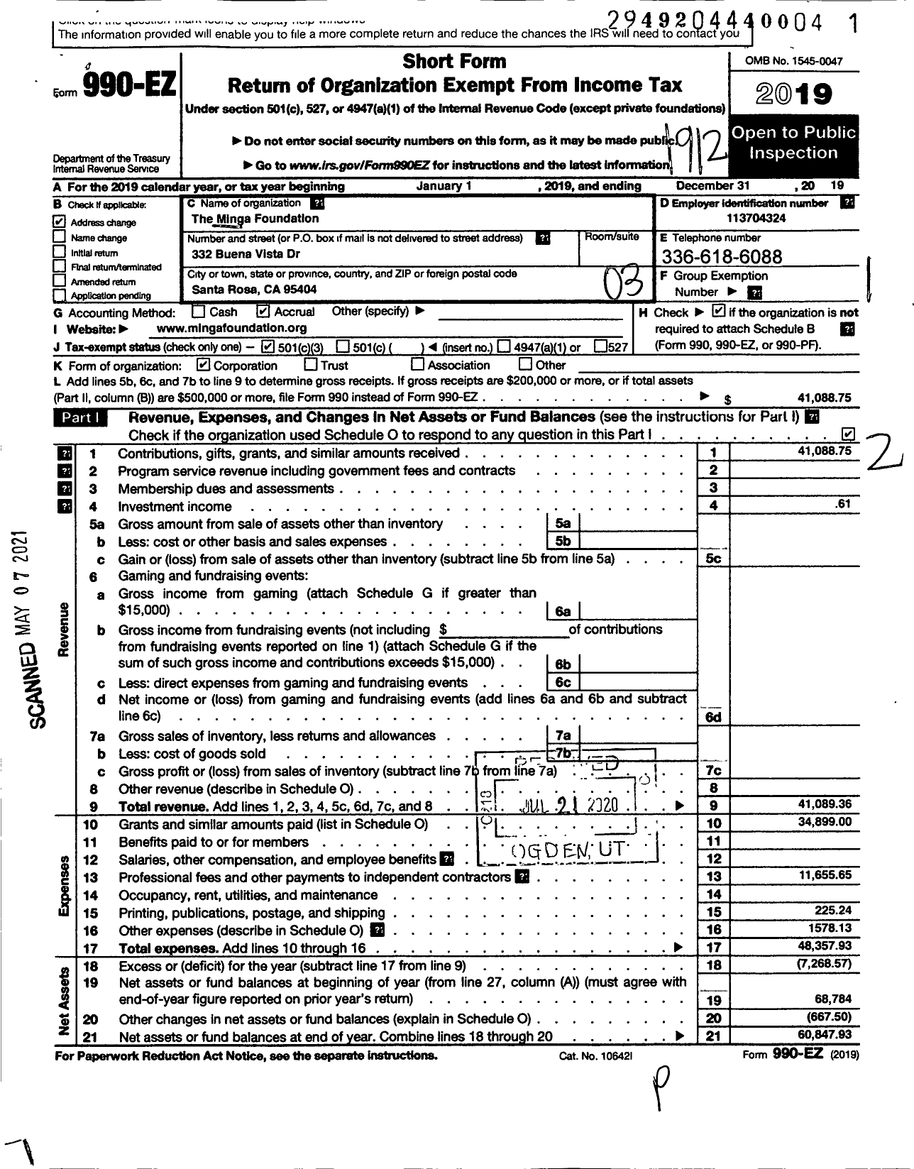 Image of first page of 2019 Form 990EZ for The Minga Foundation