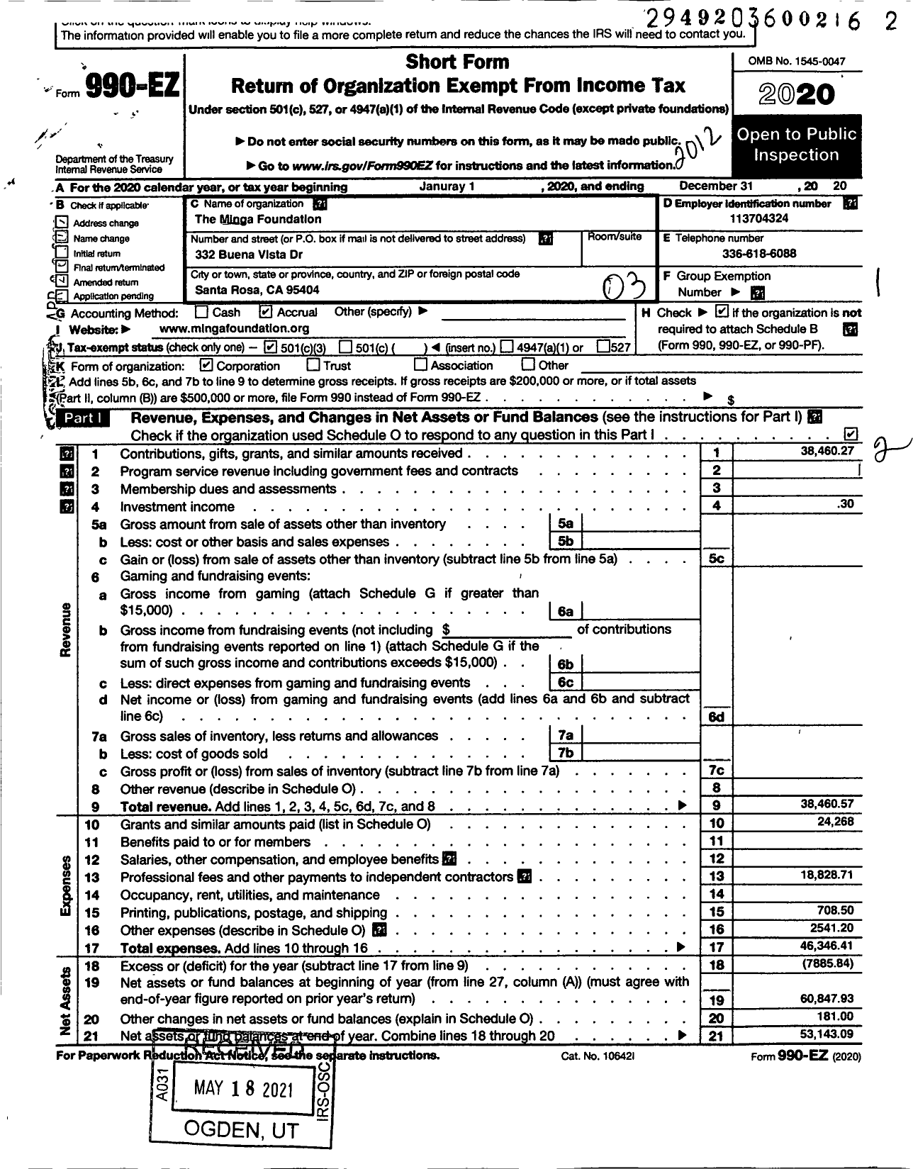 Image of first page of 2020 Form 990EZ for The Minga Foundation