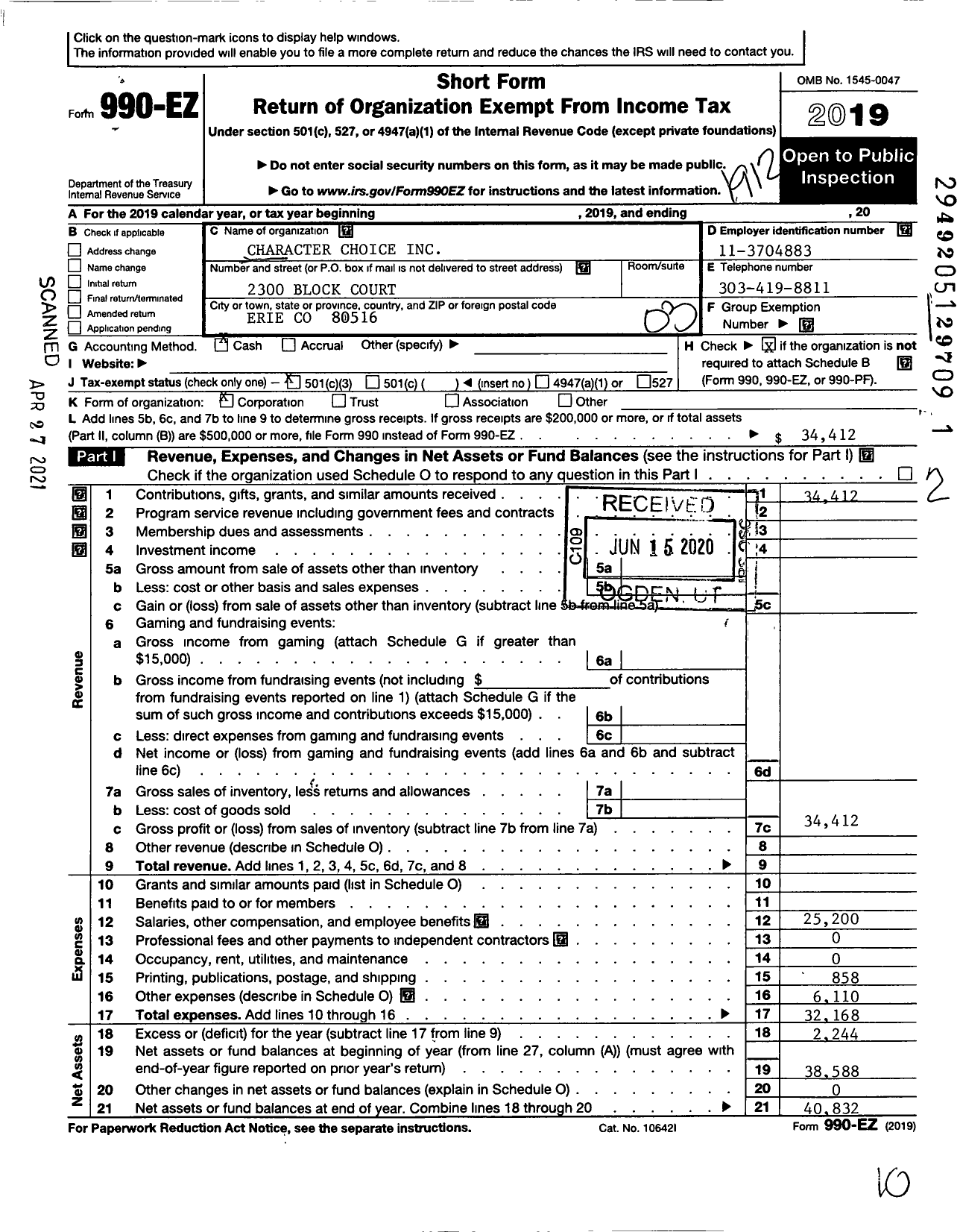 Image of first page of 2019 Form 990EZ for Character Choice