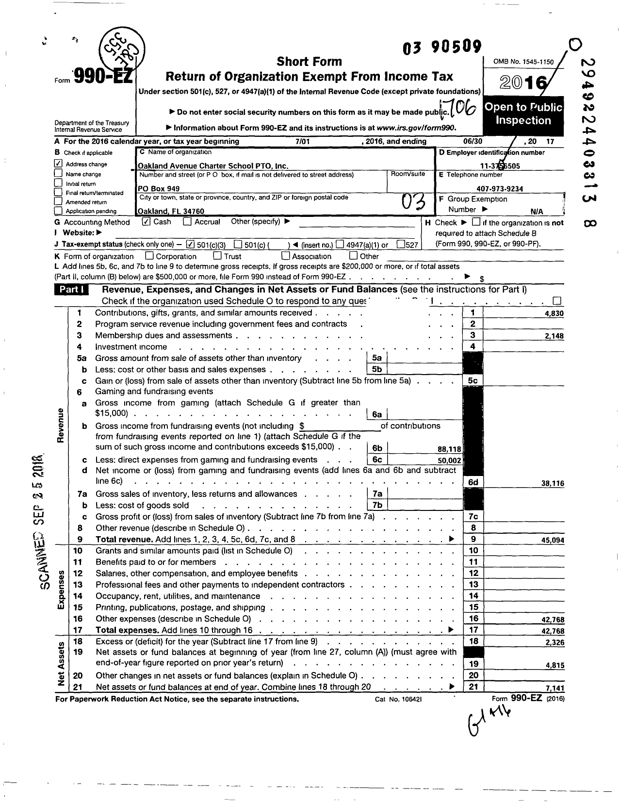 Image of first page of 2016 Form 990EZ for Oakland Charter School Pto