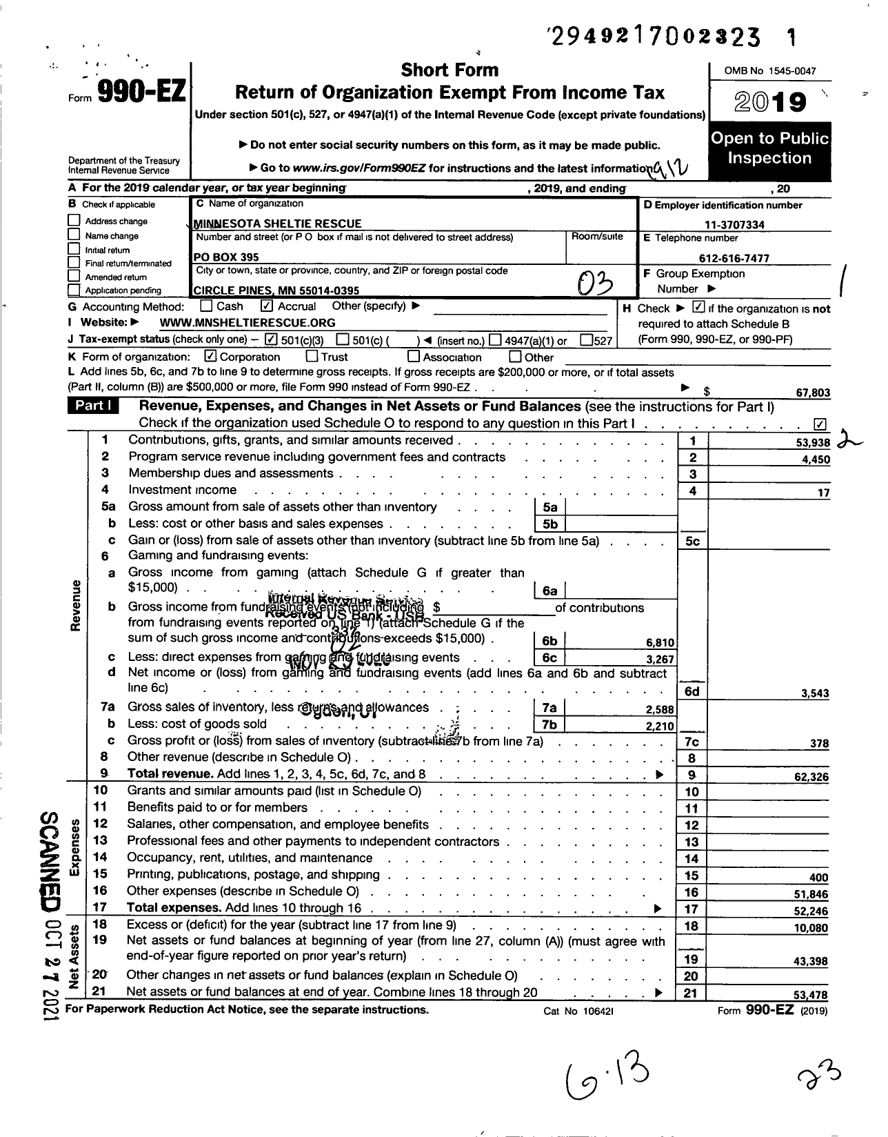 Image of first page of 2019 Form 990EZ for Minnesota Sheltie Rescue