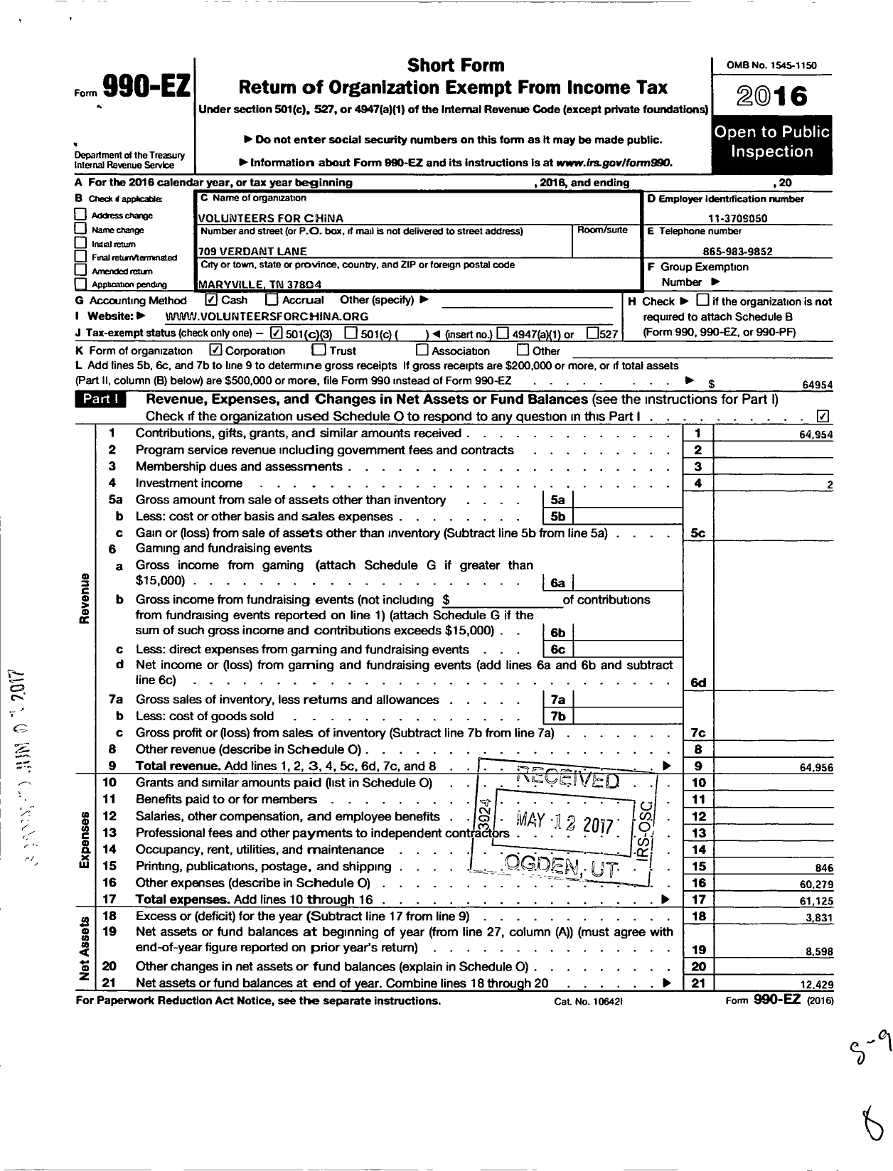 Image of first page of 2016 Form 990EZ for Volunteers for China