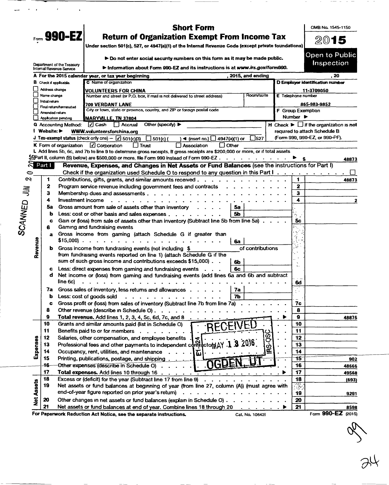 Image of first page of 2015 Form 990EZ for Volunteers for China