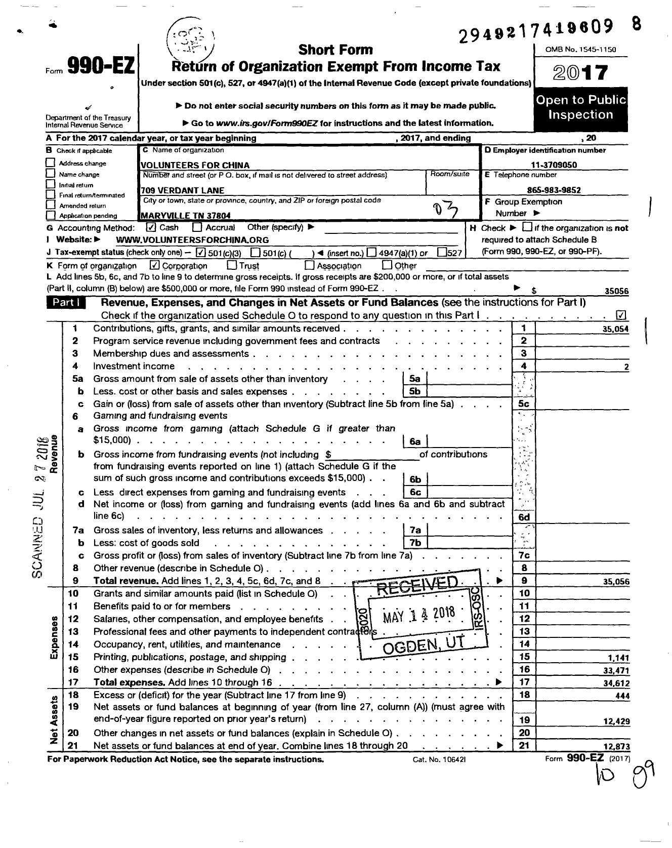 Image of first page of 2017 Form 990EZ for Volunteers for China