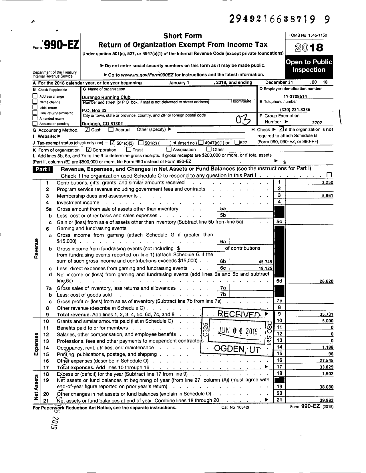 Image of first page of 2018 Form 990EZ for Durango Running Club