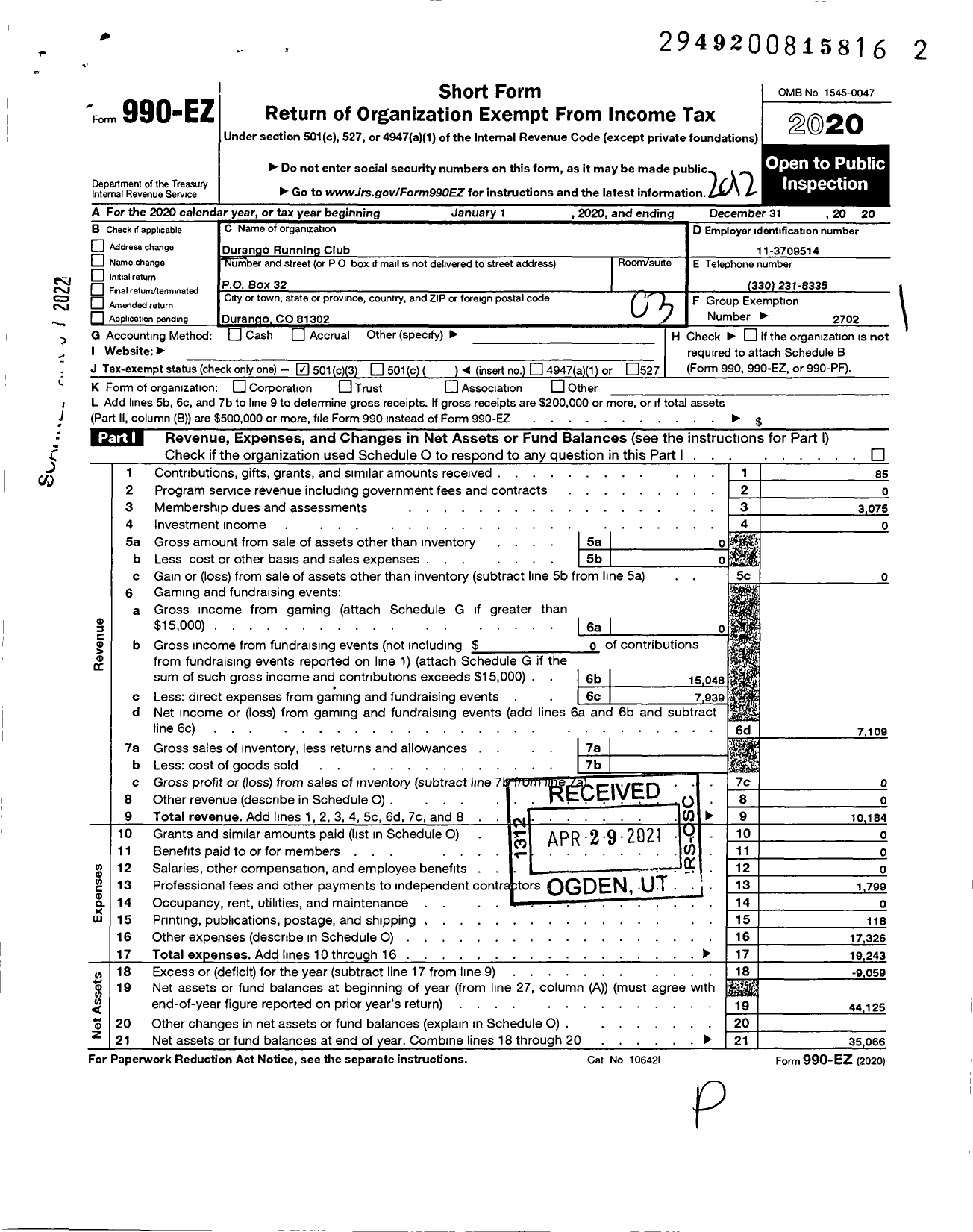 Image of first page of 2020 Form 990EZ for Durango Running Club