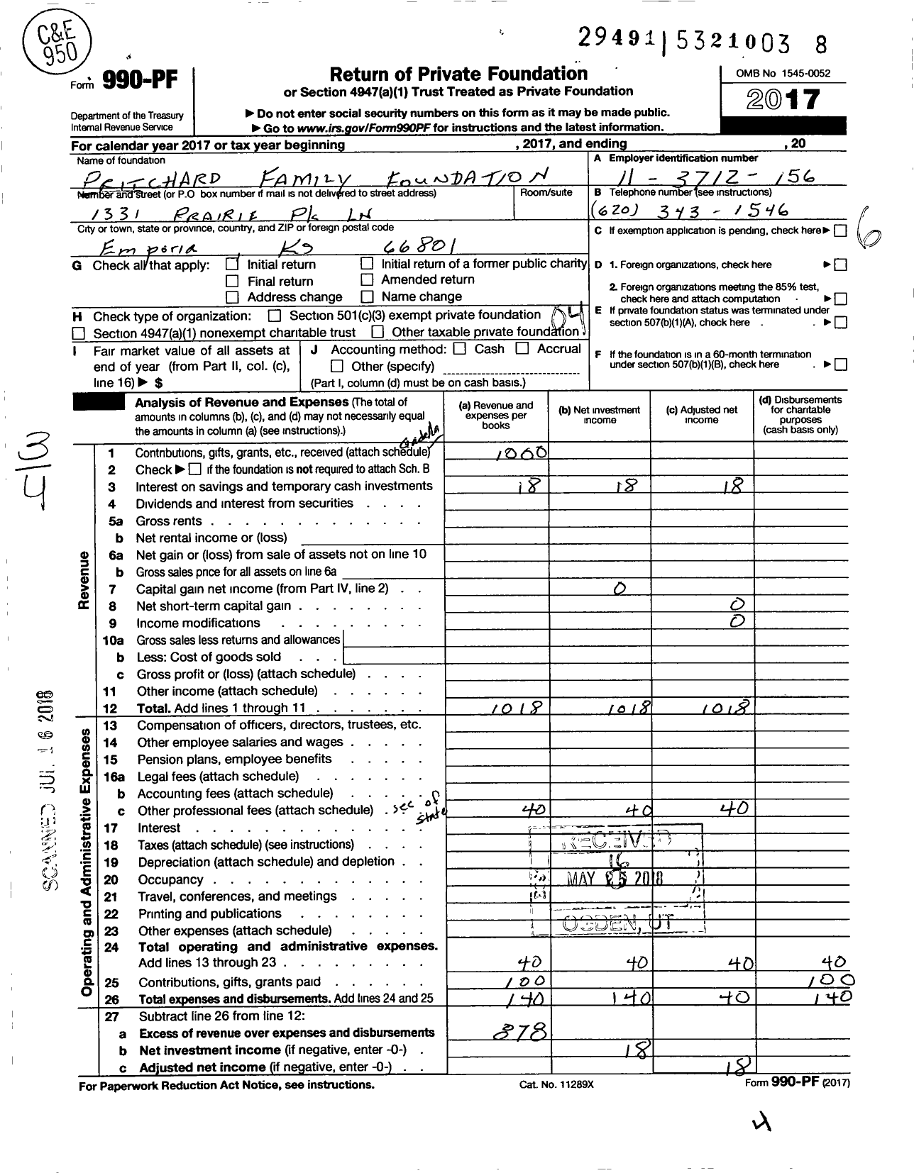 Image of first page of 2017 Form 990PF for Pritchard Family Foundation