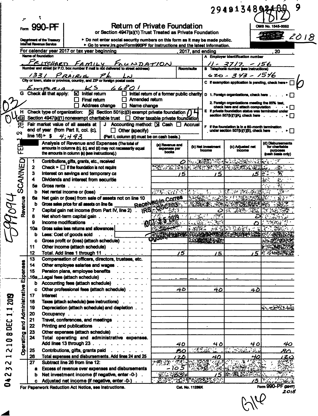 Image of first page of 2018 Form 990PF for Pritchard Family Foundation