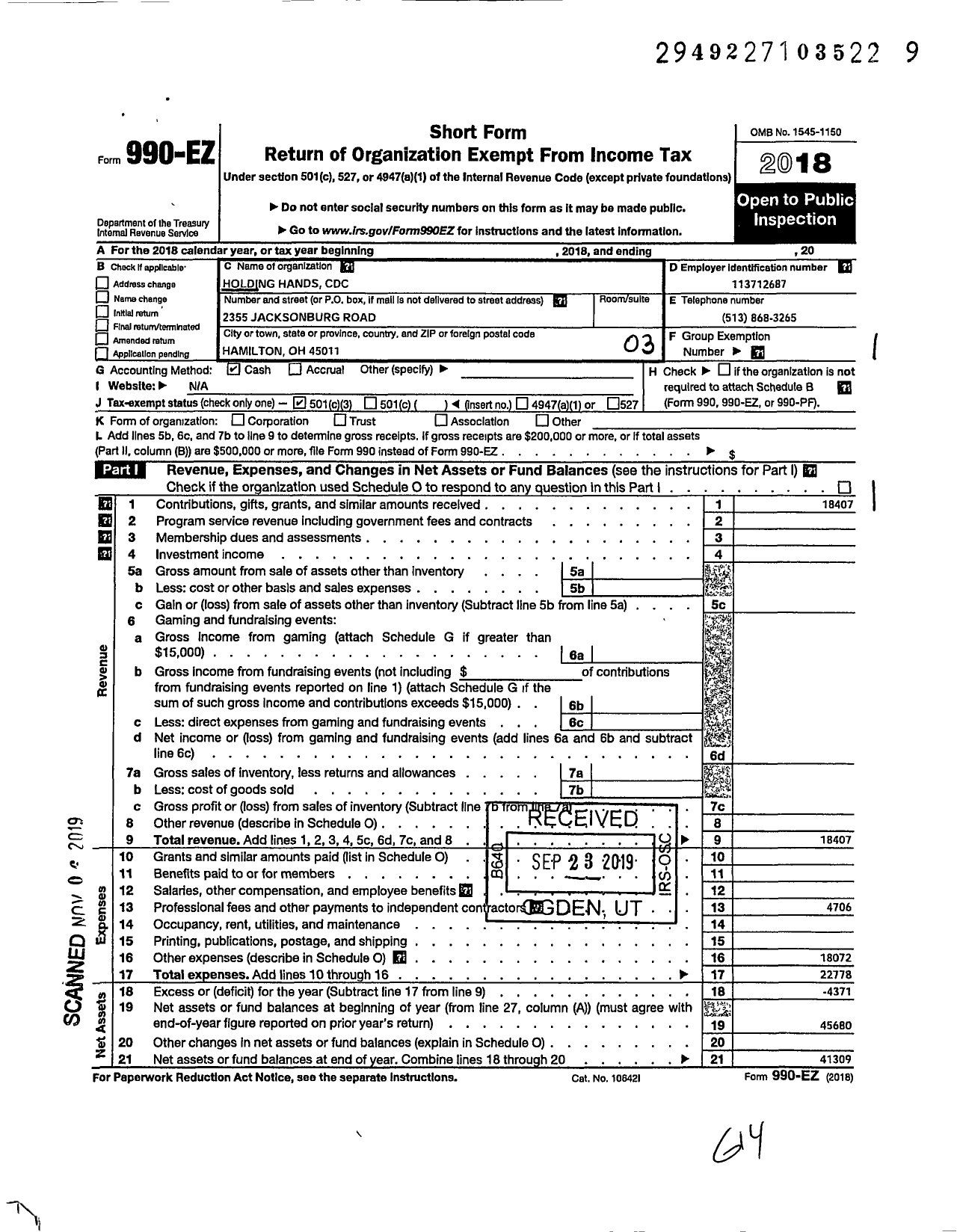 Image of first page of 2018 Form 990EZ for Holding Hands CDC