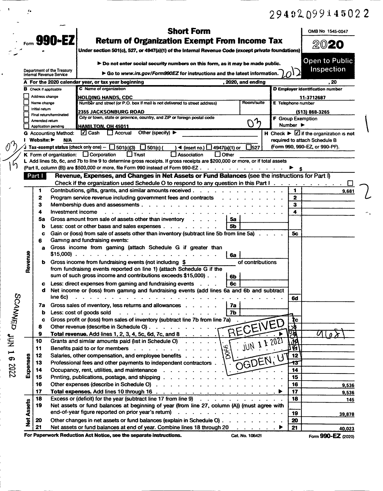 Image of first page of 2020 Form 990EZ for Holding Hands CDC