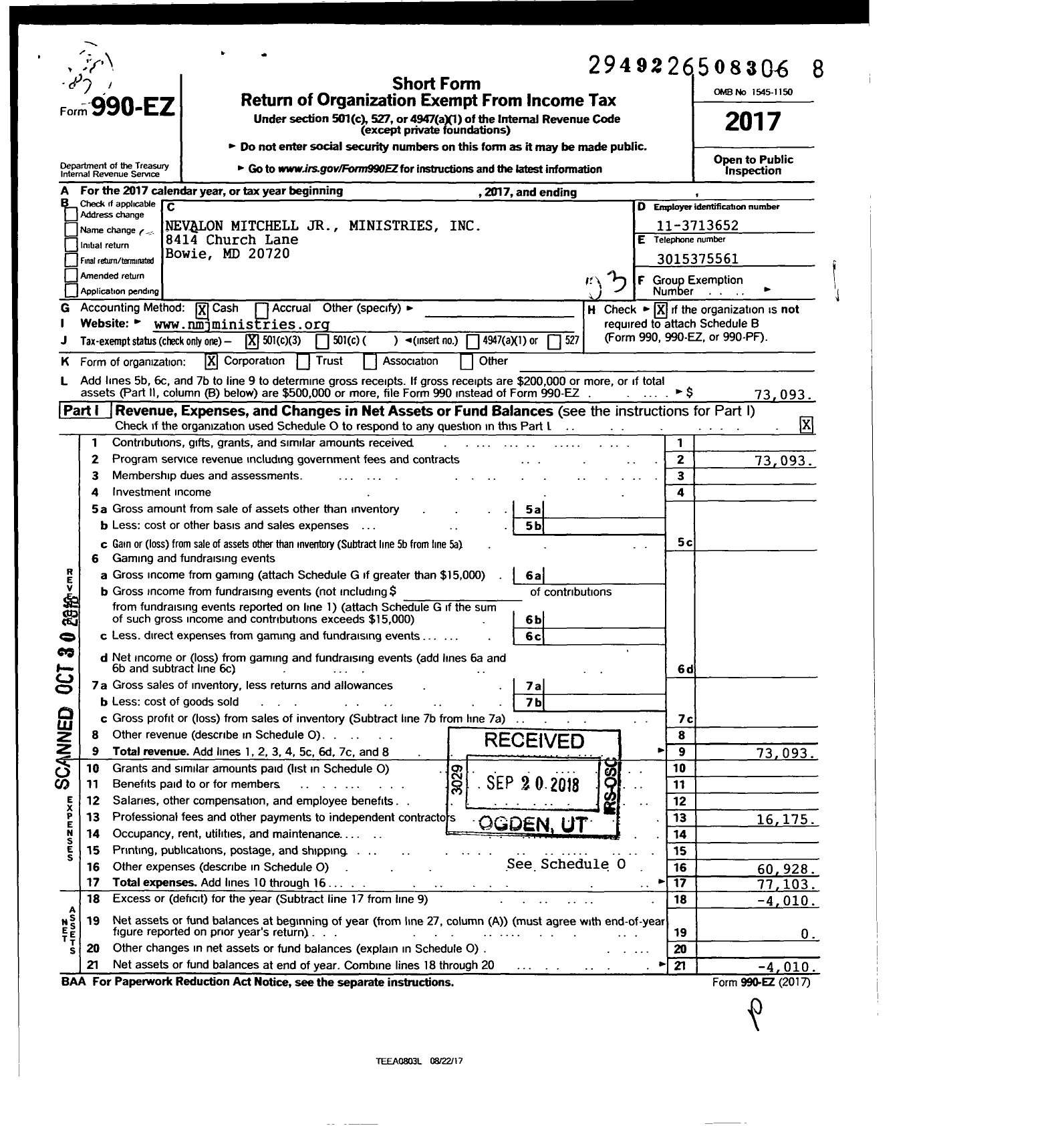 Image of first page of 2017 Form 990EZ for Nevalon Mitchell JR Ministries