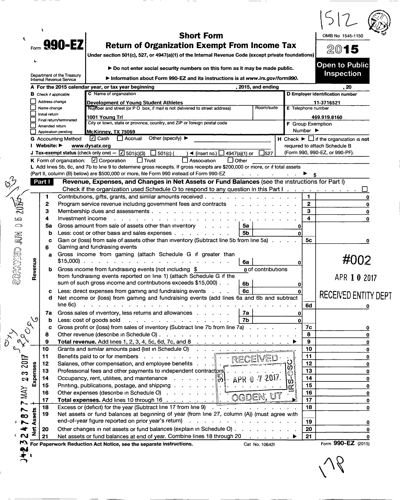 Image of first page of 2015 Form 990EZ for Development of Young Student Athletes