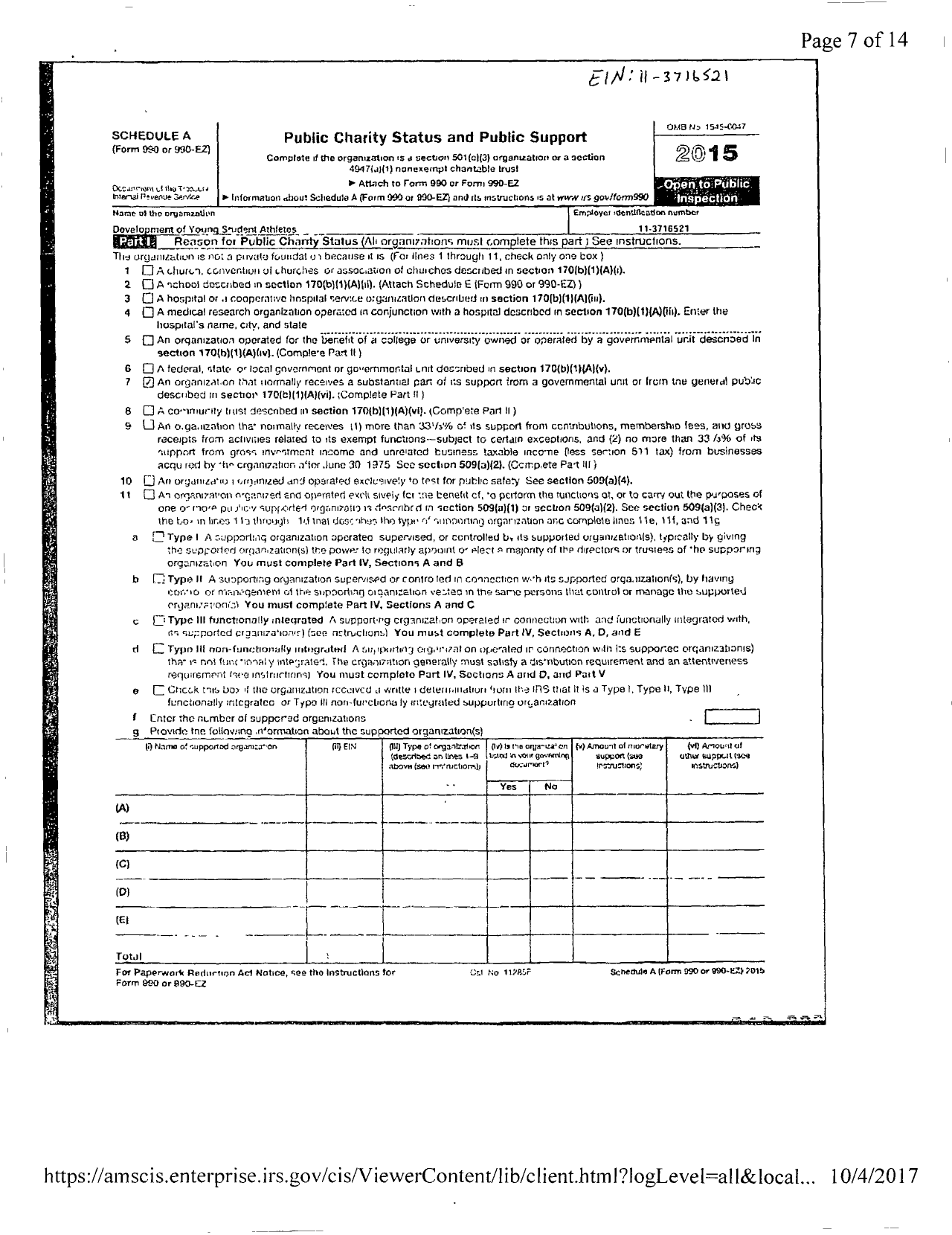 Image of first page of 2015 Form 990ER for Development of Young Student Athletes