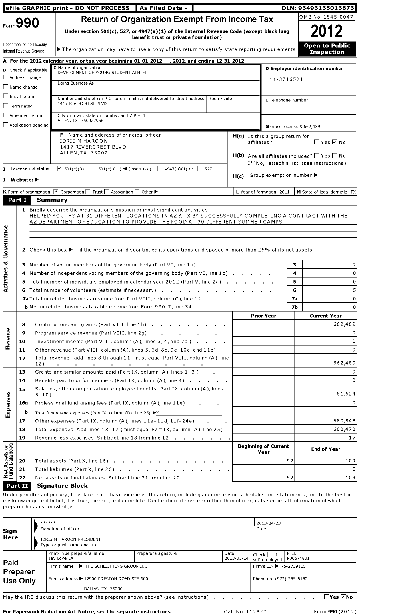 Image of first page of 2012 Form 990 for Development of Young Student Athletes