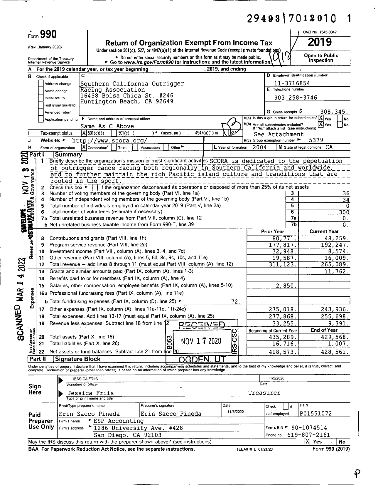 Image of first page of 2019 Form 990 for Southern California Outrigger Racing Association