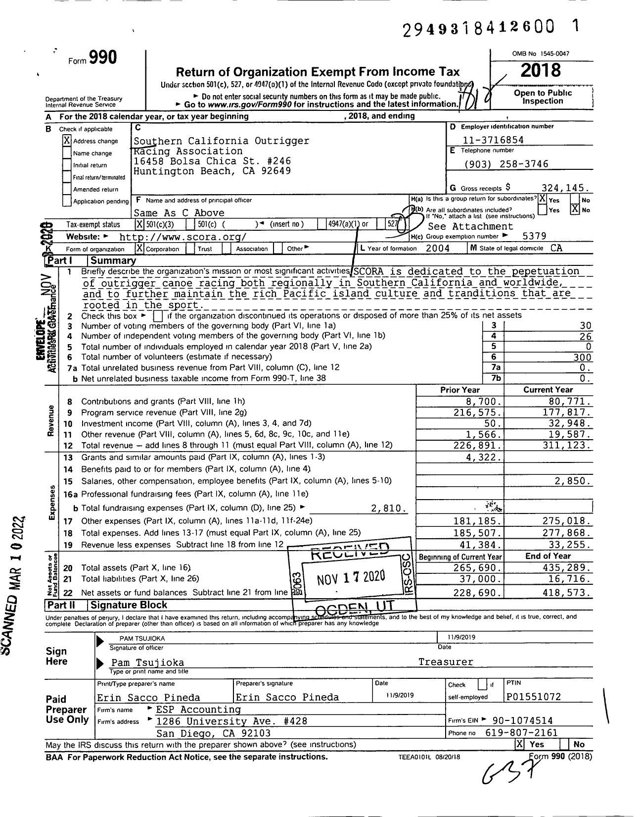 Image of first page of 2018 Form 990 for Southern California Outrigger Racing Association