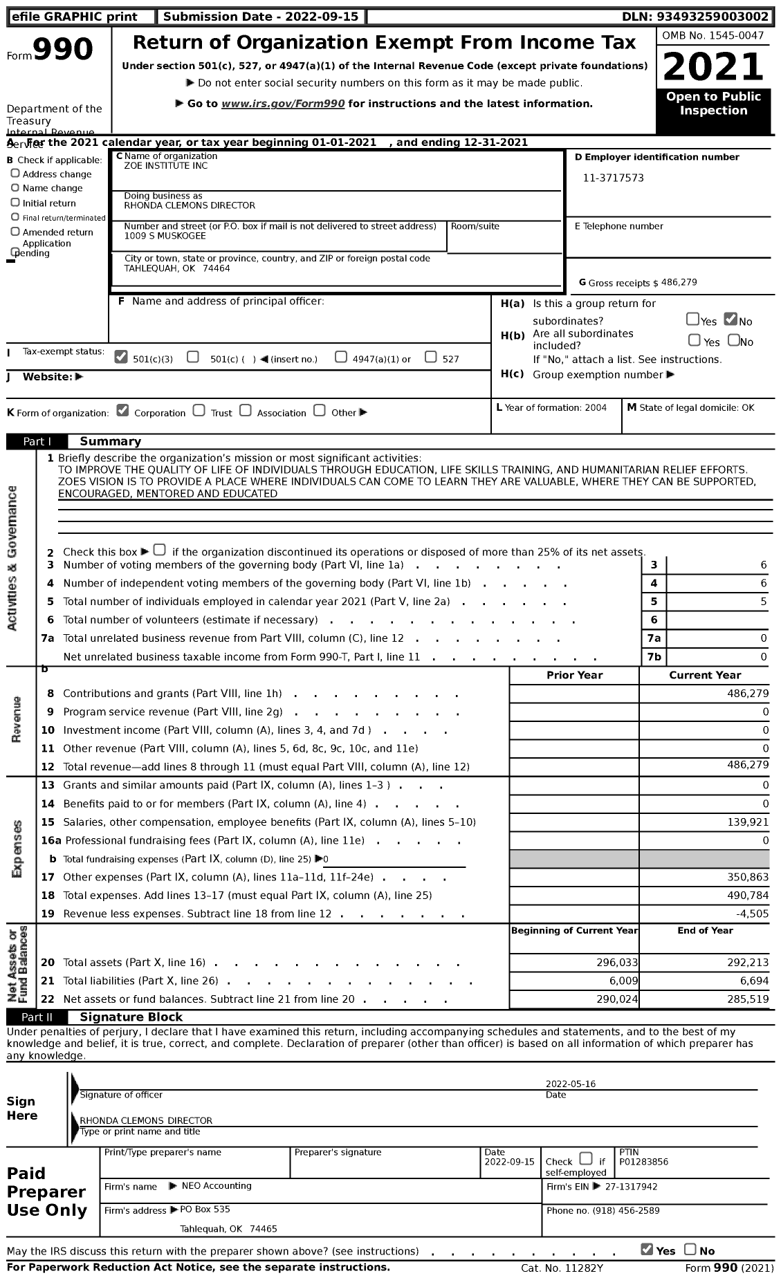 Image of first page of 2021 Form 990 for Rhonda Clemons Director