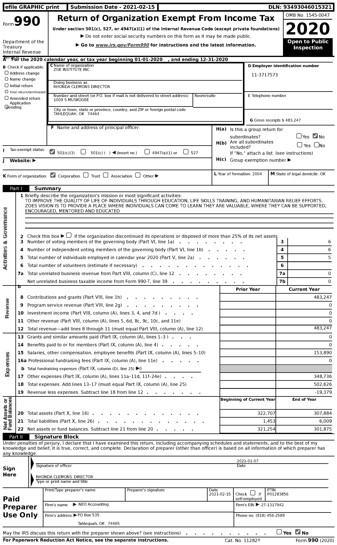 Image of first page of 2020 Form 990 for Rhonda Clemons Director