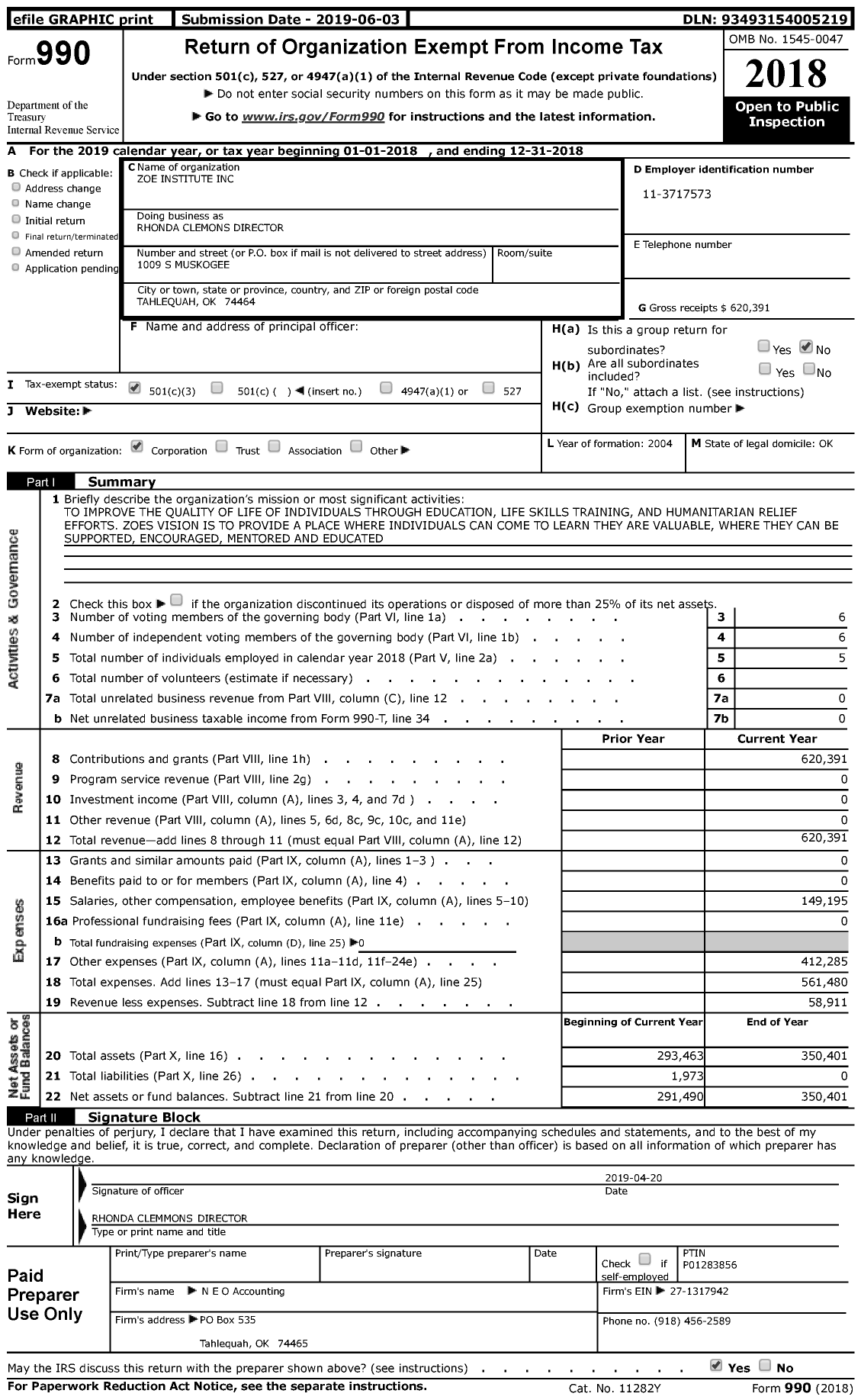 Image of first page of 2018 Form 990 for Rhonda Clemons Director