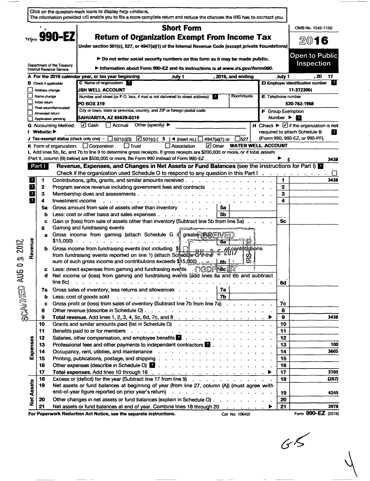 Image of first page of 2016 Form 990EO for JRH Well Account