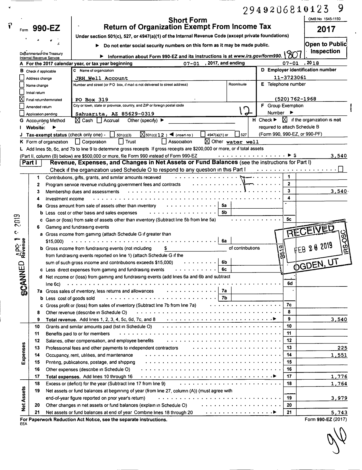 Image of first page of 2017 Form 990EO for JRH Well Account